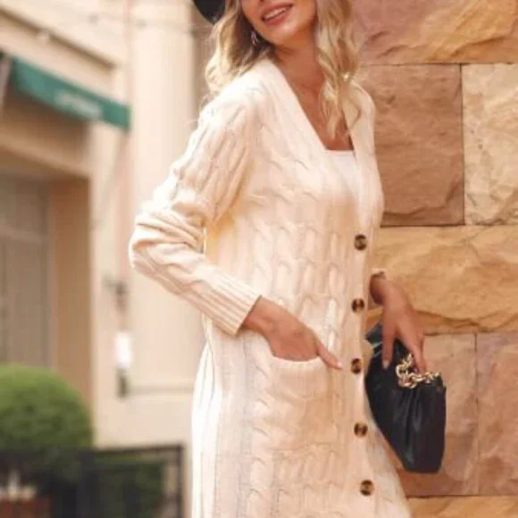 Long Sleeve Cable Knit Chunky Cardigan Open Front Button Sweater with Pockets - Picture 5 of 8